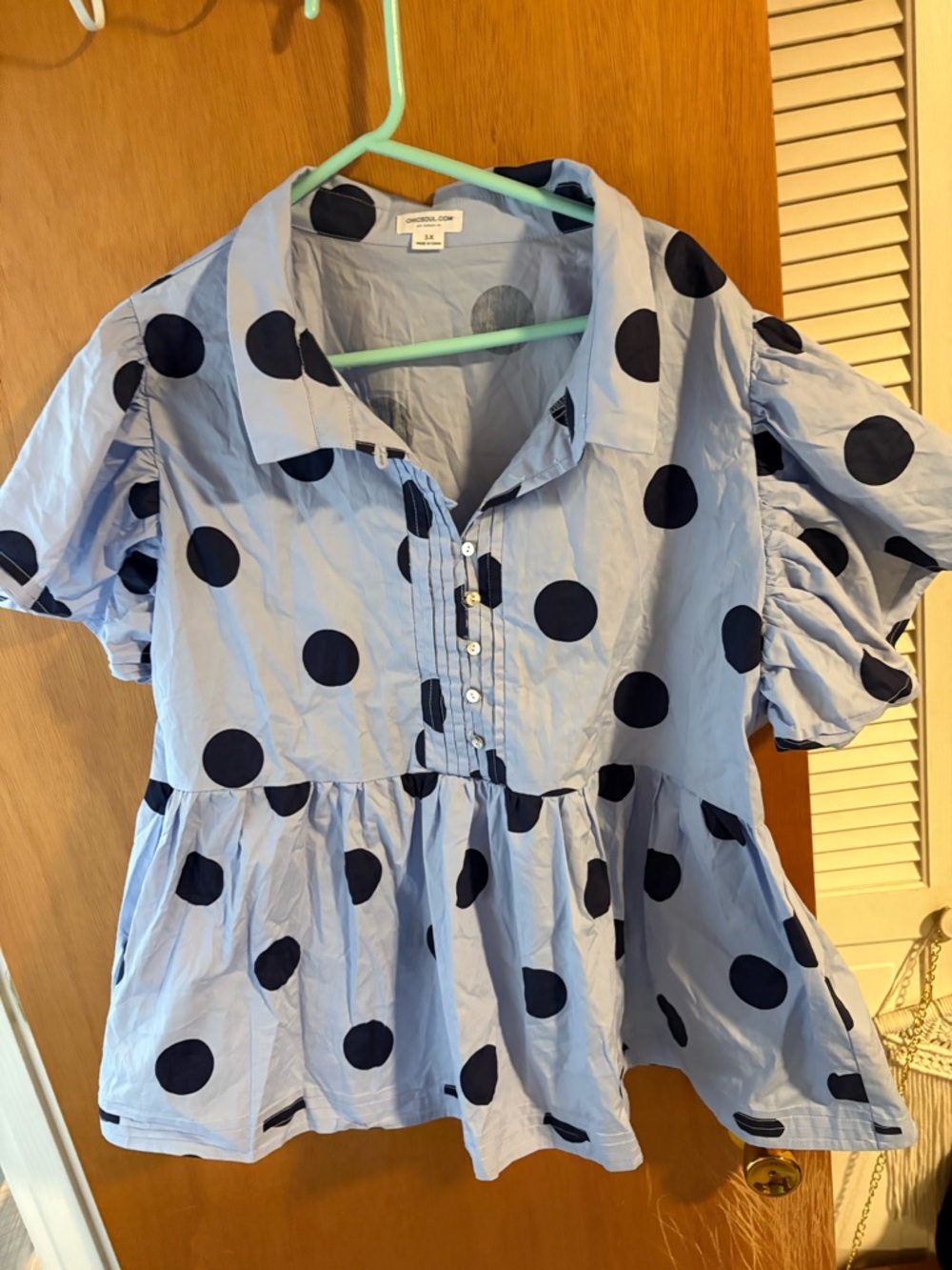 Chic Soul Light Blue Peplum Blouse with Navy Polka Dots